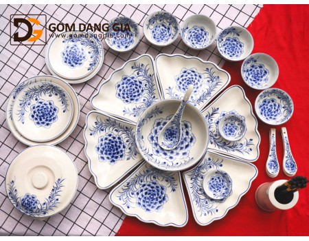 Set đồ ăn mặt trời Bát Tràng vẽ tay hoa cẩm tú cầu màu lam S13 Set đồ ăn mặt trời Bát Tràng vẽ tay hoa cẩm tú cầu màu lam S13